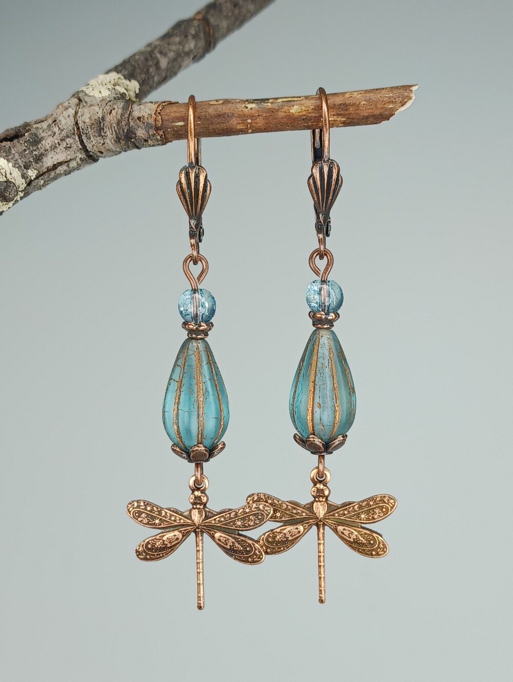 Dragonfly Sea Glass Earrings Coastal Cottage Copper Jewelry Hand Crafted - Picture 3 of 6